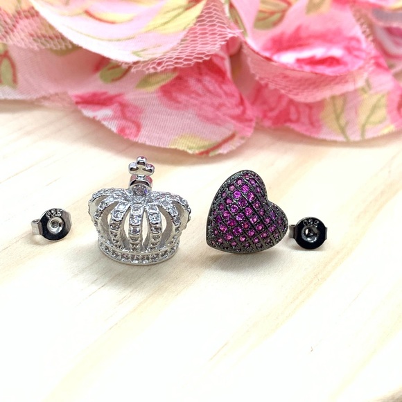 Jewelry - Sterling Silver 925 CZ Crown Heart Earrings